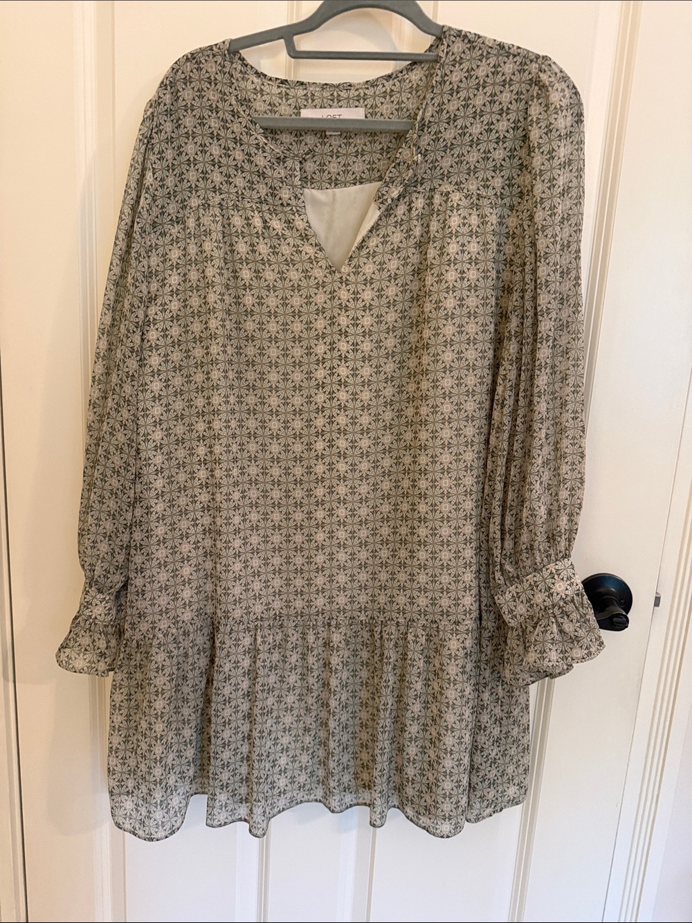 LOFT Cream and Green and Pink Floral Long Sleeve Ruffle-Hem Dress